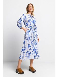 Rich & Royal Sukienka w kolorze biało-niebieskim rozmiar: 34. Białe sukienki Rich & Royal, bez wzorów, z tkaniny, bez kołnierzyka, bez ramiączek, midi, rozkloszowane. Za 272,95 zł.