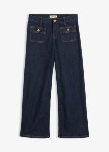 Jeansy z szerokimi nogawkami. Niebieskie jeansy bonprix, bez wzorów, z jeansu. Za 149,99 zł.