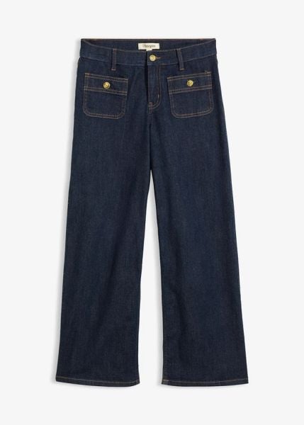 Jeansy z szerokimi nogawkami. Niebieskie jeansy bonprix, bez wzorów, z jeansu. Za 149,99 zł.