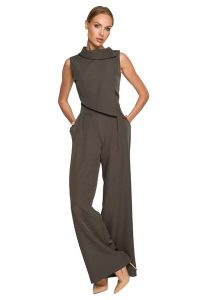 Elegancki Kombinezon z Wywijanym Kołnierzem - Khaki. Brązowe kombinezony MOE, l, bez wzorów, z lycry, eleganckie, bez kołnierzyka, bez ramiączek. Za 298,90 zł.