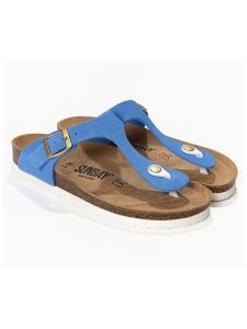 Sunbay Skórzane japonki "Camelia" w kolorze błękitnym rozmiar: 40. Niebieskie klapki Sunbay, bez wzorów, ze skóry, z otwartym noskiem, bez obcasa. Za 166,49 zł.