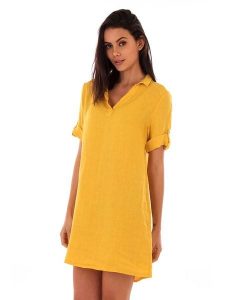 Lin Passion Lniana sukienka w kolorze żółtym rozmiar: 38/40. Żółte sukienki Lin Passion, bez wzorów, ze lnu, klasyczne, bez kołnierzyka, bez ramiączek, mini. Za 113,99 zł.