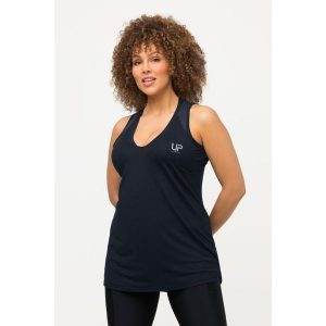 Damskie Top funkcyjny szybkoschnący dekolt w szpic bez rękawów. Niebieskie topy Ulla Popken, plus size, bez wzorów, z elastanu, bez kołnierzyka, bez ramiączek. W wyprzedaży za 149,99 zł.
