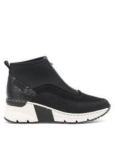 Rieker Botki N6352-00 Czarny. Czarne botki Rieker, bez wzorów, z materiału, bez obcasa, na koturnie, bez zapięcia. Za 229,99 zł.