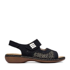 Sandały Rieker. Czarne sandały Rieker, bez wzorów, bez obcasa, na płaskiej podeszwie, bez zapięcia. Za 319,99 zł.