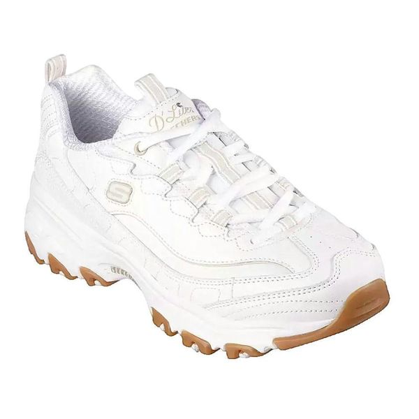 Buty Kobieta Skechers D´Lites biały. Białe buty trekkingowe Skechers, z materiału, bez zapięcia. Za 263,99 zł.