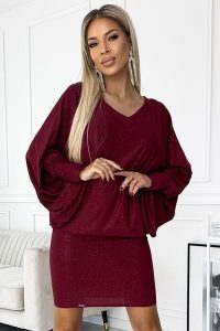Nietoperzowa Sukienka z Brokatem - Bordowa z brokatem. Czerwone sukienki NUMOCO, l, bez wzorów, z elastanu, wizytowe, bez kołnierzyka, bez ramiączek. Za 179,90 zł.