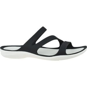 Klapki damskie Crocs Swiftwater Sandal W. Czarne klapki Crocs, bez wzorów, z materiału, bez obcasa. Za 196,00 zł.