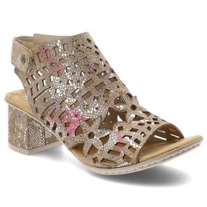 Sandały damskie Rieker, cholewka z materiału z ażurowymi wycięciami i nadrukiem na stabilnym obcasie, kolorowe, 64780-90. Sandały Rieker, w ażurowe wzory, bez obcasa, na obcasie, bez zapięcia. Za 299,00 zł.