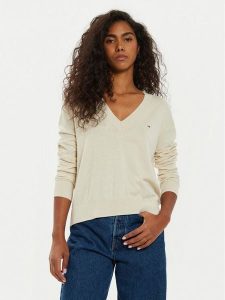 Tommy Jeans Sweter Essential DW0DW18670 Beżowy Regular Fit. Brązowe swetry klasyczne Tommy Jeans, xs, z bawełny, bez kołnierzyka. Za 209,99 zł.