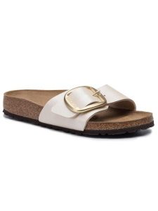 Birkenstock Klapki Madrid Big Buckle 1015279 Beżowy. Brązowe klapki Birkenstock, bez wzorów, ze skóry, bez obcasa. Za 499,99 zł.