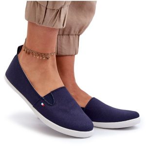 Tenisówki Trampki Slip-On Damskie Granatowe Adrancia niebieskie. Niebieskie trampki bez wzorów, bez zapięcia. Za 92,80 zł.