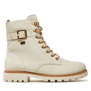 Trzewiki Remonte. Białe botki Remonte, bez wzorów, bez obcasa, na płaskiej podeszwie, bez zapięcia. Za 391,00 zł.