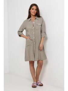 Le Monde du Lin Lniana sukienka w kolorze szarobrązowym rozmiar: 40/42. Brązowe sukienki Le Monde du Lin, bez wzorów, ze lnu, bez kołnierzyka, bez ramiączek, midi. Za 173,99 zł.