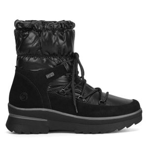 Śniegowce Remonte. Czarne buty zimowe Remonte, bez obcasa, bez zapięcia. Za 375,00 zł.