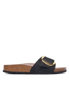 Birkenstock Klapki Madrid Big Buckle 1032965 Czarny. Czarne klapki Birkenstock, bez wzorów, ze skóry, bez obcasa. Za 494,99 zł.