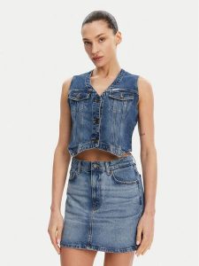 Guess Jeans Kamizelka W5GN74 D5M46 Granatowy Regular Fit. Niebieskie kamizelki Guess Jeans, l, z aplikacjami, z bawełny, bez kołnierzyka, bez ramiączek, bez kaptura. Za 209,99 zł.