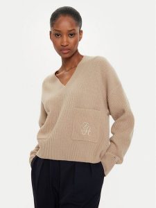 Tommy Hilfiger Sweter Script Soft WW0WW42149 Beżowy Relaxed Fit. Brązowe swetry klasyczne TOMMY HILFIGER, xl, z wełny, bez kołnierzyka. Za 449,99 zł.