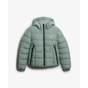 Damska kurtka puchowa Superdry Spirit. Zielone kurtki Superdry, bez wzorów, z puchu, z kapturem. Za 554,50 zł.