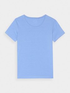 4F T-shirt slim z nadrukiem damski - niebieski S. Niebieskie t-shirty 4f, s, bez wzorów, z bawełny, bez kołnierzyka, bez ramiączek. W wyprzedaży za 39,99 zł.