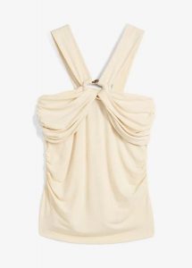 Top z dekoltem typu halter z ozdobną klamrą. Brązowe topy bonprix, bez wzorów, eleganckie, bez kołnierzyka, bez ramiączek. Za 27,99 zł.