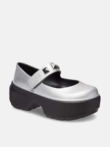 Crocs Baleriny "Stomp Metallic Jane" w kolorze srebrno-białym rozmiar: 38/39. Czarne balerinki Crocs, bez wzorów, bez obcasa, na platformie, bez zapięcia. Za 249,45 zł.