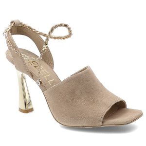 Sandały damskie Chebello, ze skóry naturalnej o gładkim wykończeniu wiązanie wokół kostki na cienkich paskach oraz smukły obcas, beżowe, 4440_-084-00. Brązowe sandały CheBello, bez wzorów, ze skóry, bez obcasa, na obcasie, bez zapięcia. Za 549,00 zł.