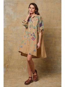 Joséfine Lniana sukienka "Pardess" w kolorze karmelowo-zielonym rozmiar: XL. Brązowe sukienki Joséfine, xl, bez wzorów, ze lnu, bez kołnierzyka, bez ramiączek, mini. Za 143,99 zł.