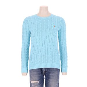 Second life - Sweter damski z warkoczowym splotem - Jak nowy. Niebieskie golfy Ralph Lauren, bez wzorów, ze splotem. Za 255,56 zł.