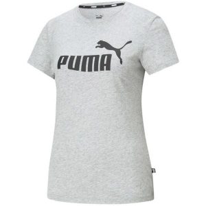 T-shirt Damski Logo ESS. Szare t-shirty Puma, bez wzorów, bez kołnierzyka, bez ramiączek. Za 120,99 zł.