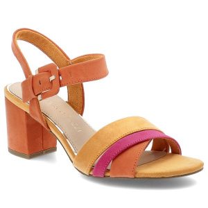 Pomarańczowe Sandały Marco Tozzi Eleganckie Buty Damskie. Brązowe sandały Marco Tozzi, z aplikacjami, bez obcasa, na obcasie, bez zapięcia. Za 189,00 zł.