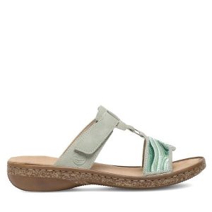 Klapki Rieker. Zielone klapki Rieker, bez wzorów, bez obcasa. Za 289,99 zł.