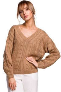 Lekki sweter damski ażurowy z dekoltem V splot w warkocz beżowy. Brązowe swetry klasyczne Polskie swetry, l, z dzianiny, bez kołnierzyka. Za 245,00 zł.