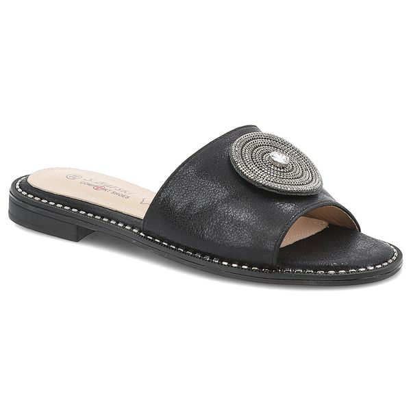 Klapki damskie S. Barski, eleganckie z eko skóry na płaskim obcasie ze sprzączką, czarne, KV51-013. Czarne klapki S.BARSKI, bez wzorów, ze skóry, bez obcasa, na płaskiej podeszwie. Za 125,90 zł.