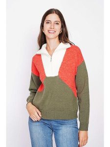 C& Jo Sweter w kolorze oliwkowo-czerwono-białym rozmiar: 40. Białe swetry oversize C& Jo, bez wzorów, ze splotem, bez ramiączek. Za 130,99 zł.