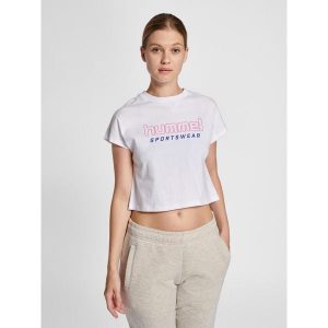 Damska koszulka crop top Hummel Legacy June. Białe topy Hummel, xs, bez wzorów, casualowe, bez kołnierzyka, bez ramiączek. Za 126,50 zł.