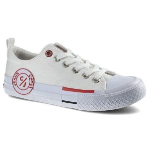 Białe Trampki Cross Jeans Damskie Modne Półbuty. Białe półbuty Cross Jeans, na lato, z aplikacjami, z jeansu, bez obcasa, na płaskiej podeszwie, bez zapięcia. Za 99,99 zł.