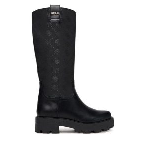 Kozaki Guess. Czarne kozaki Guess, z aplikacjami, bez obcasa, na płaskiej podeszwie, bez zapięcia. Za 709,99 zł.