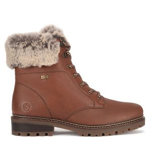 Trzewiki Remonte. Brązowe botki Remonte, bez wzorów, bez obcasa, na płaskiej podeszwie, bez zapięcia. Za 439,00 zł.