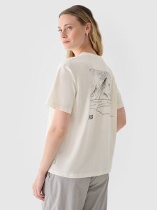 4F T-shirt regular z nadrukiem damski - biały XL. Białe t-shirty 4f, xl, bez wzorów, z bawełny, bez kołnierzyka, bez ramiączek. W wyprzedaży za 29,99 zł.