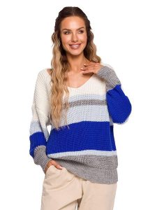 Made of emotion Sweter w kolorze niebieskim ze wzorem rozmiar: S/M. Brązowe swetry oversize Made Of Emotion, m, bez wzorów, ze splotem, bez ramiączek. Za 140,86 zł.