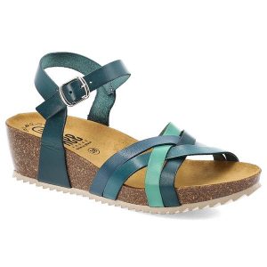 Niebieskie Sandały Hee Stylowe Obuwie Damskie Na Koturnie. Niebieskie sandały Hee, z aplikacjami, bez obcasa, na koturnie, bez zapięcia. Za 259,00 zł.