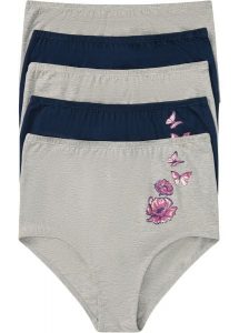 Figi z wysoką talią, z bawełną (5 par). Szare figi bonprix, bez wzorów, z bawełny. Za 79,95 zł.