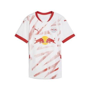 Damska koszulka domowa RB Leipzig 24/25 PUMA White For All Time Red. Białe bluzki Puma, bez wzorów, retro, bez kołnierzyka, bez ramiączek. Za 398,55 zł.