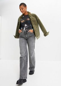 Dżinsy Marlena z ćwiekami, high waist. Szare jeansy bonprix, bez wzorów, z jeansu, z podwyższonym stanem. Za 149,99 zł.