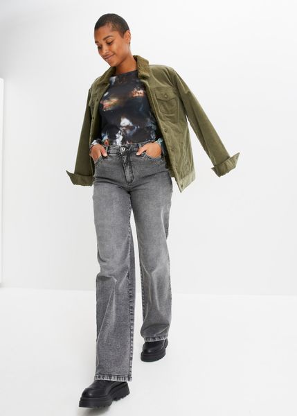 Dżinsy Marlena z ćwiekami, high waist. Szare jeansy bonprix, bez wzorów, z jeansu, z podwyższonym stanem. Za 169,99 zł.