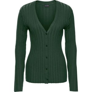 Sweter rozpinany w prążek bonprix głęboki zielony. Zielone swetry klasyczne marki bonprix, z klasycznym kołnierzykiem. Za 59,99 zł.