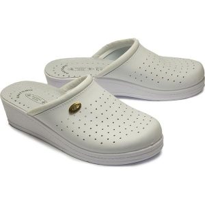 SANITAL FLEX 707/I white, klapki profilaktyczne damskie. Białe klapki Sanital-Flex, bez wzorów, ze skóry, bez obcasa. Za 119,90 zł.