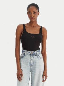 Calvin Klein Jeans Top Monologo Scoop Nk Rib LV047A804G Czarny Slim Fit. Czarne topy Calvin Klein Jeans, s, bez wzorów, z bawełny, bez kołnierzyka, bez ramiączek. Za 129,99 zł.
