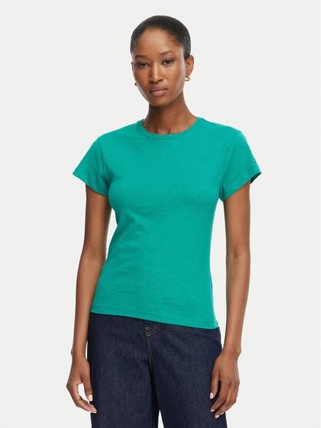 Tommy Hilfiger T-Shirt WW0WW48702 Zielony Slim Fit. Zielone t-shirty TOMMY HILFIGER, l, bez wzorów, z bawełny, bez kołnierzyka, bez ramiączek. Za 159,99 zł.